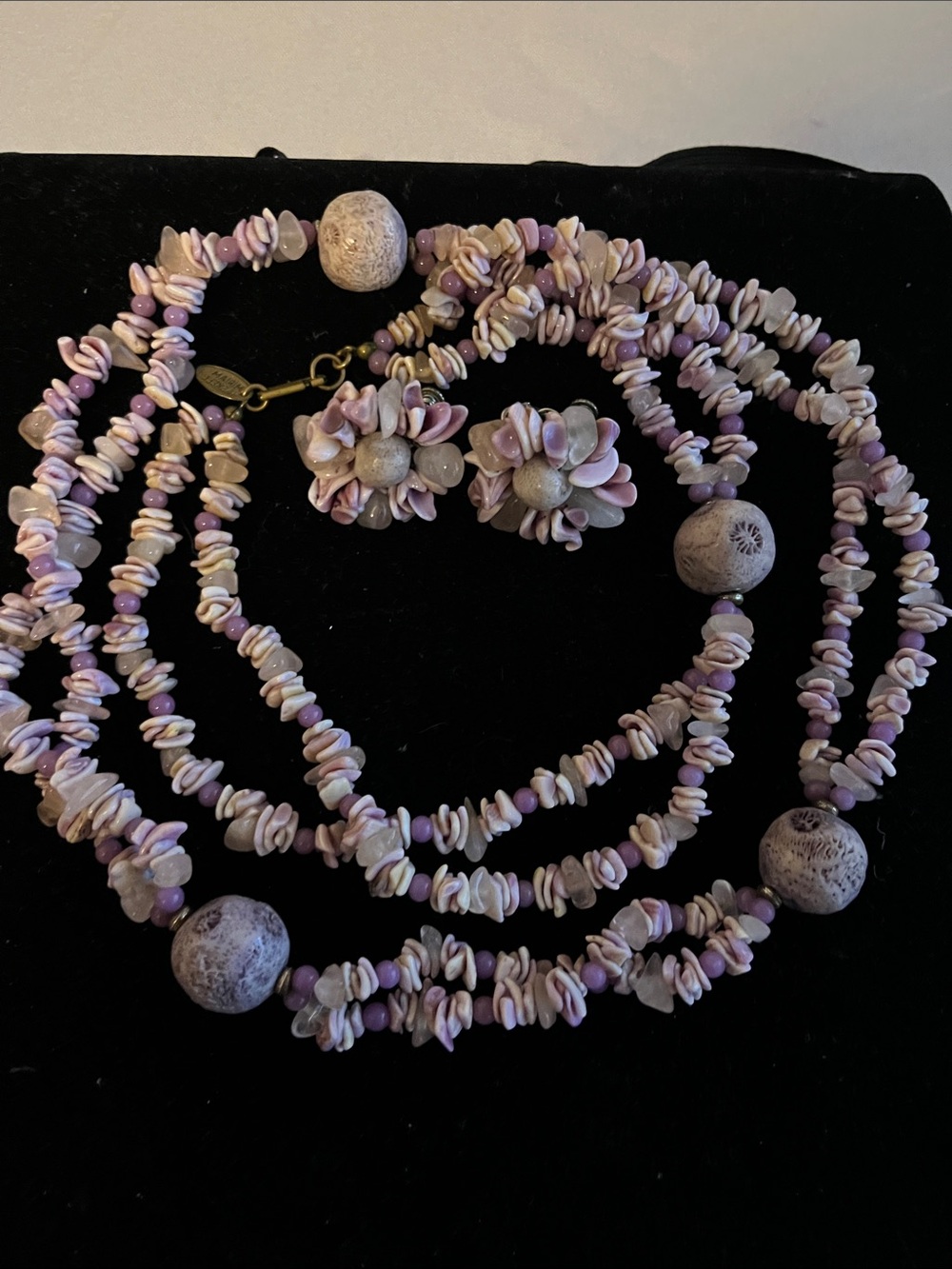Miriam Haskell Lavender and Cream Shell Bead Necklace with Floral Earrings